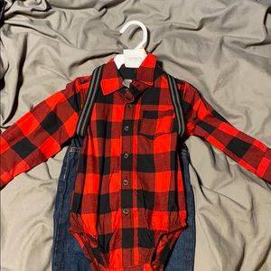 Plaid shirt, jeans and suspender set